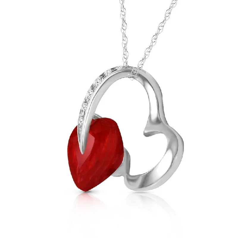 women's gold necklaces with diamonds -14K Solid White Gold Heart Necklace withNatural Diamond & Ruby