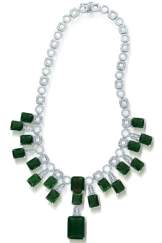 trendy gold necklaces for women -Cubic Zirconia Sterling Silver Rhodium Plated Heavy Emerald Necklace