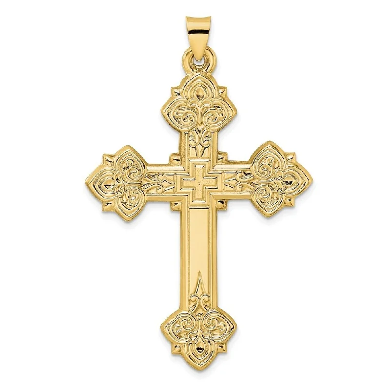 personalized charm necklaces -Diamond2Deal 14K Yellow Gold Hollow Fancy Fleur de Lis Cross Pendant (L-55.5mm, W-36.25mm)