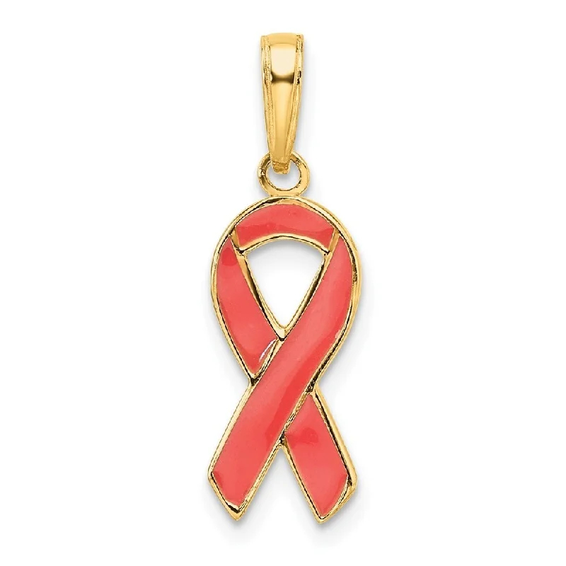 diamond pendants for necklaces -Diamond2Deal 14K Yellow Gold Pink Enameled Awareness Ribbon Pendant (L- 23 mm, W- 13 mm)