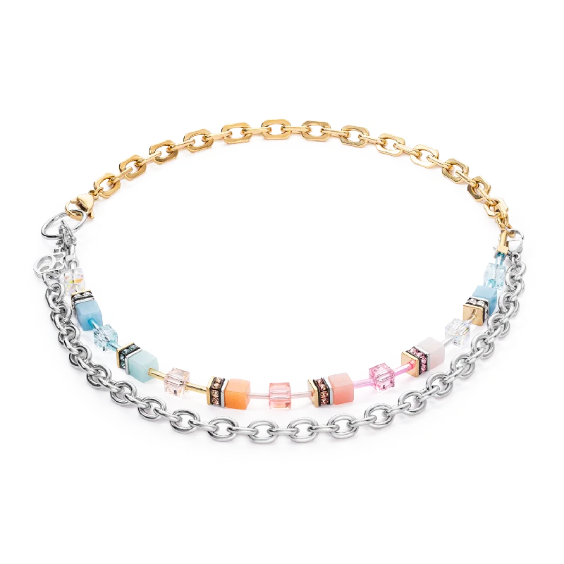 pearl and diamond necklaces for women -GeoCUBE® Iconic Fusion Chain necklace aqua-apricot