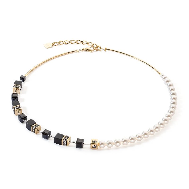 simple gold necklaces for men -GeoCUBE® Precious Fusion Pearls necklace black-gold