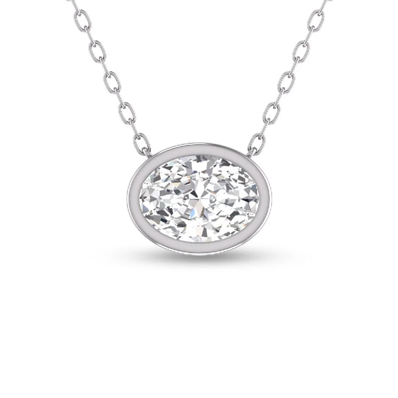 affordable luxury necklaces -Marquee Lab Grown 1/2 Carat Oval Bezel Set Diamond Solitaire Pendant in 14K White Gold