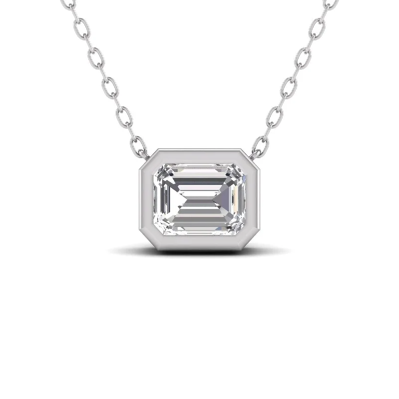 classic gemstone necklaces -Marquee Lab Grown 1/4 Carat Emerald Cut Bezel Set Diamond Solitaire Pendant in 14K White Gold