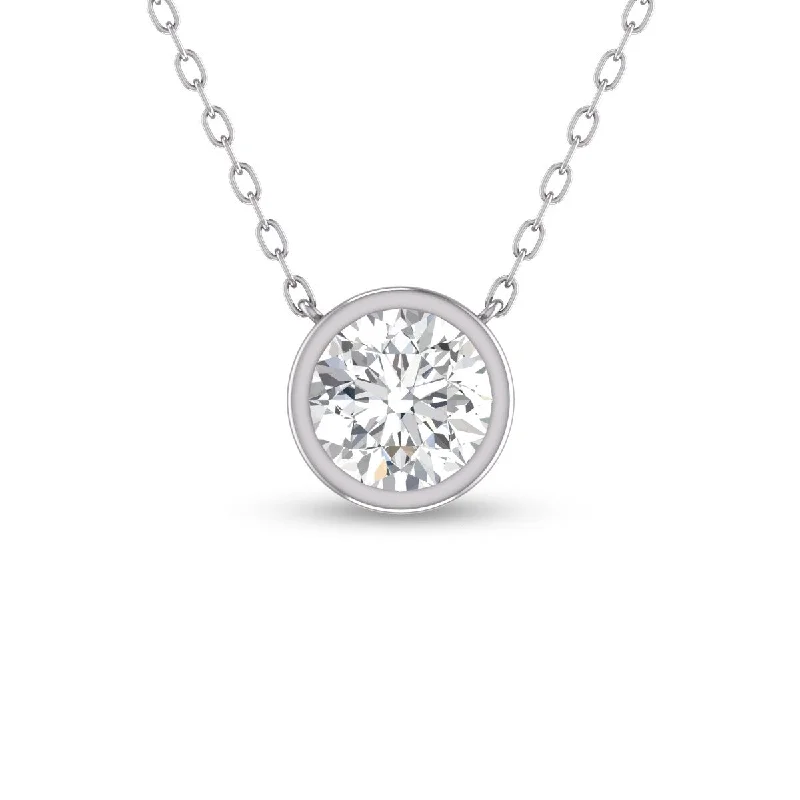 trendy gold necklaces with diamonds -Marquee Lab Grown 1/4 Carat Round Bezel Set Diamond Solitaire Pendant in 14K White Gold