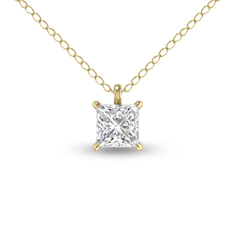 fashion gemstone necklaces -Marquee Lab Grown 3/4 Carat Princess Cut Solitaire Diamond Pendant in 14K Yellow Gold