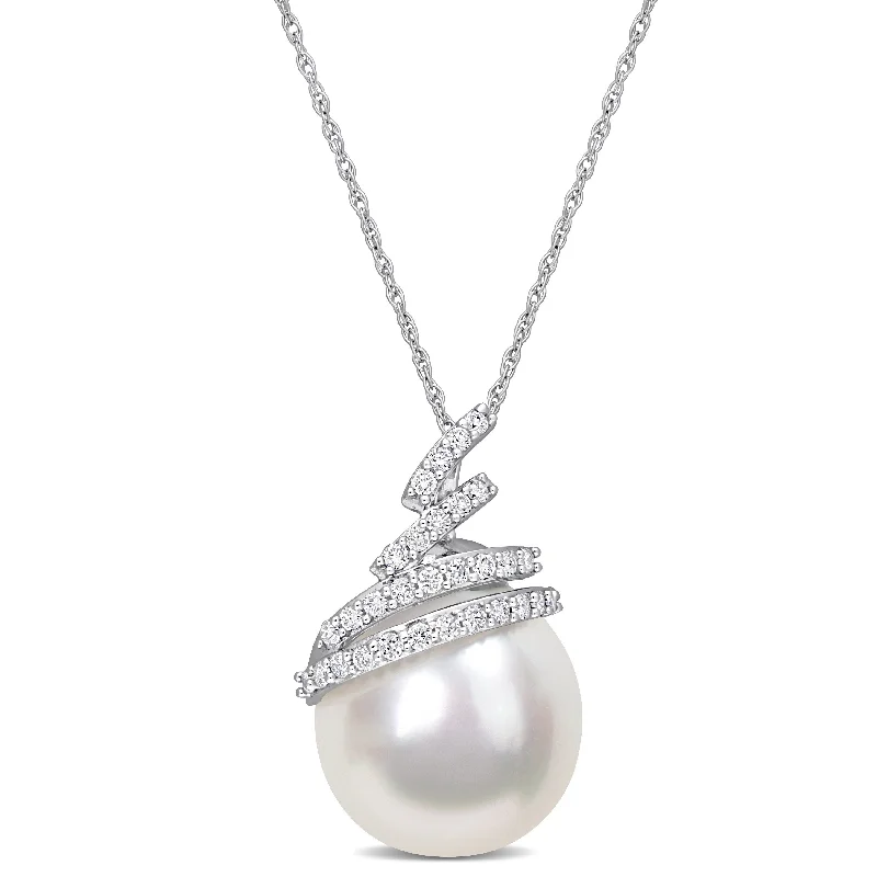 vintage gemstone necklaces -Miadora 1/4 CT Diamond 12-12.5mm White South Sea Cultured Pearl Fashion Pendant with Chain 10k White Gold