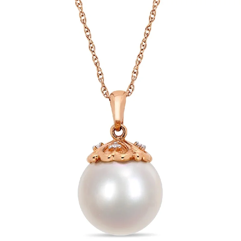 affordable gemstone necklaces for gifts -Miadora 10k Rose Gold Cultured Freshwater Pearl Diamond Drop Necklace (11-12mm)