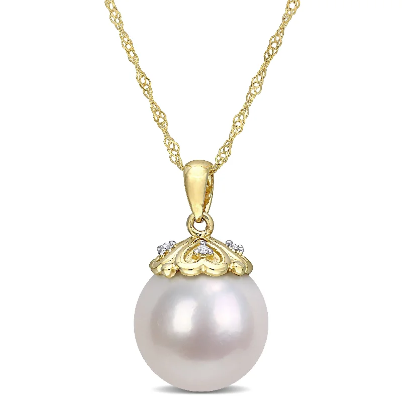 trendy silver necklaces for men -Miadora 10k Yellow Gold Cultured Freshwater Pearl & Diamond Accent Drop Necklace (11-12mm)