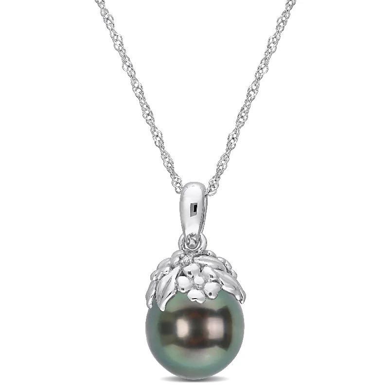 personalized necklaces for couples -Miadora Black Tahitian Cultured Pearl and Diamond Accent Pendant in 14k White Gold (9-10mm)