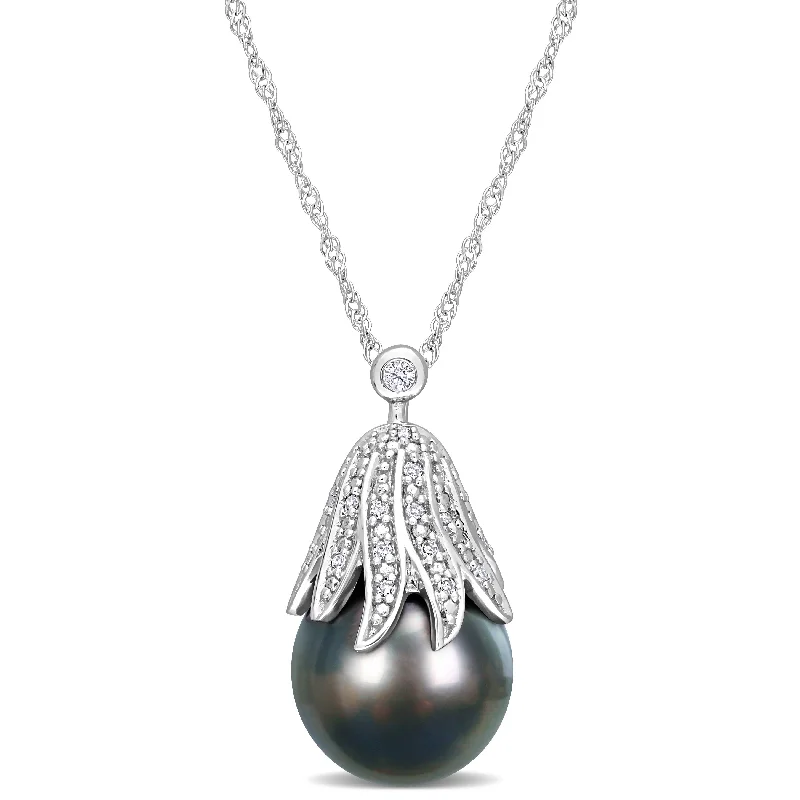 custom gold necklaces with birthstones -Miadora Black Tahitian Cultured Pearl & Diamond Accent Pendant in 14k White Gold (10-11mm)