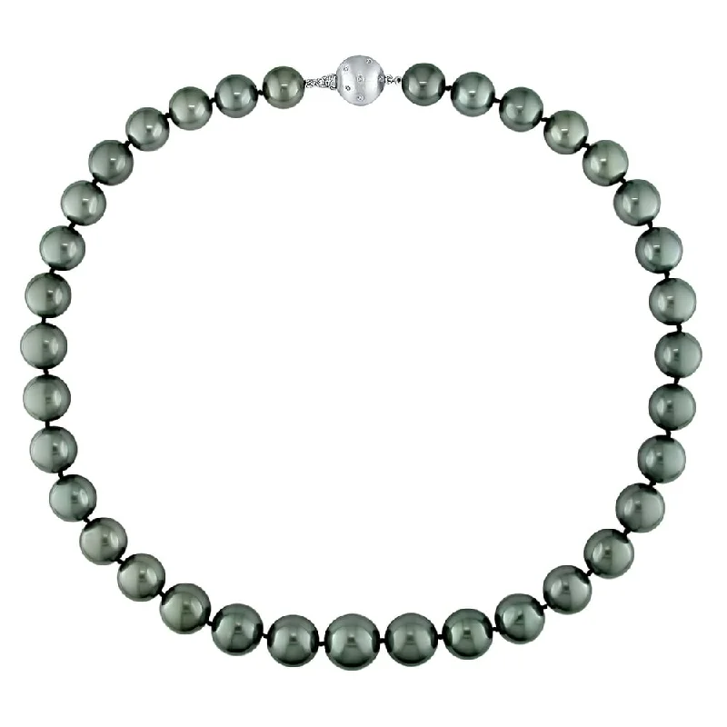 affordable birthstone necklaces -Miadora Black Tahitian Cultured Pearl Necklace with 14k White Gold Diamond Ball Clasp (10-13mm)