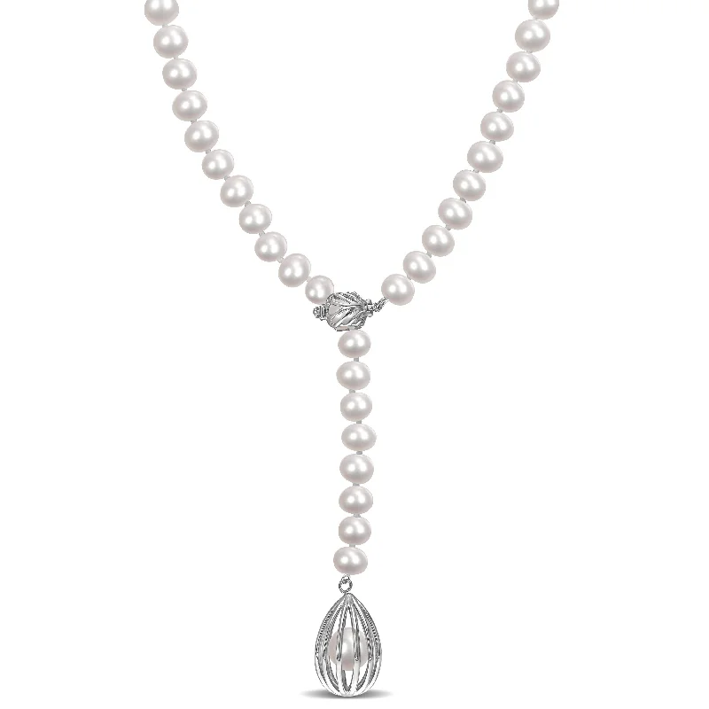 luxury gold necklaces with diamonds -Miadora Cultured Freshwater Pearl Cage Lariat Y-Necklace in Sterling Silver