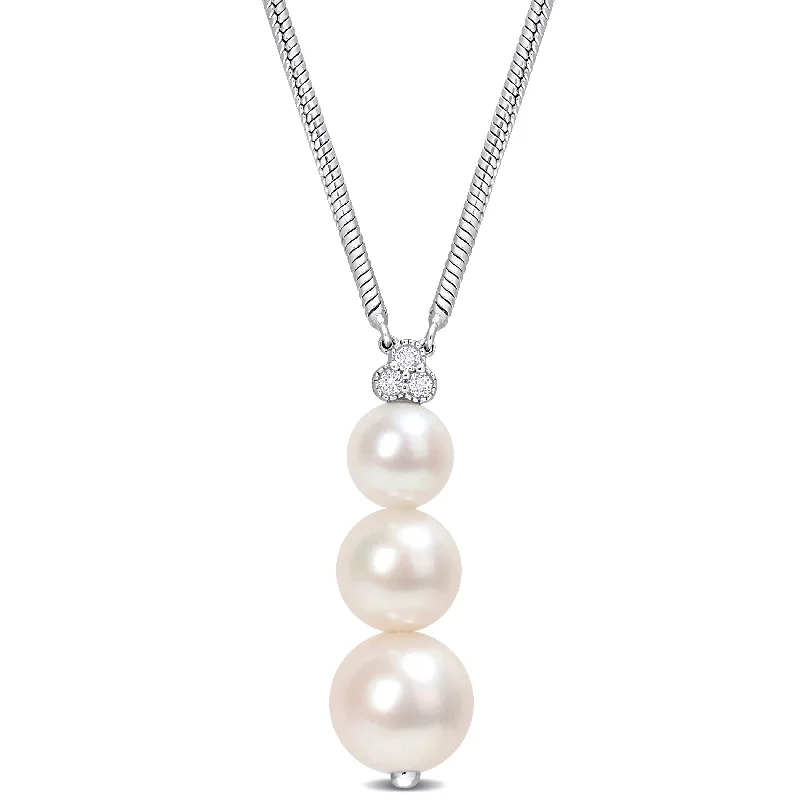 pearl necklaces with gemstones -Miadora Freshwater Cultured Pearl and White Topaz 3-Pearls Pendant with Chain in Sterling Silver