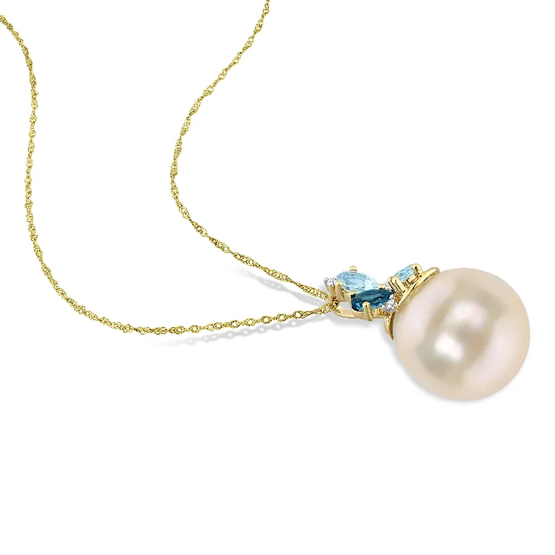 gold necklaces for birthday gifts -Miadora Pearl, Sky Blue Topaz, London Blue Topaz & Diamond Accent Pendant in 14k Yellow Gold