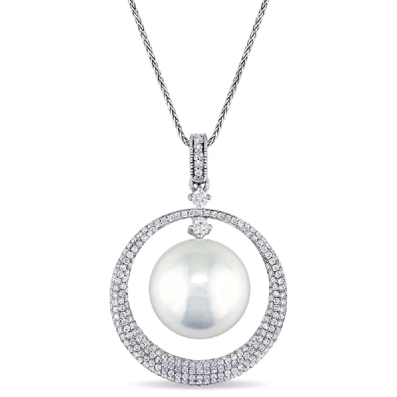 luxury charm necklaces for women -Miadora Signature Collection 14k White Gold 1ct TDW Diamond and South Sea Pearl Halo Necklace (G-H, SI1-SI2) (13-13.5mm)