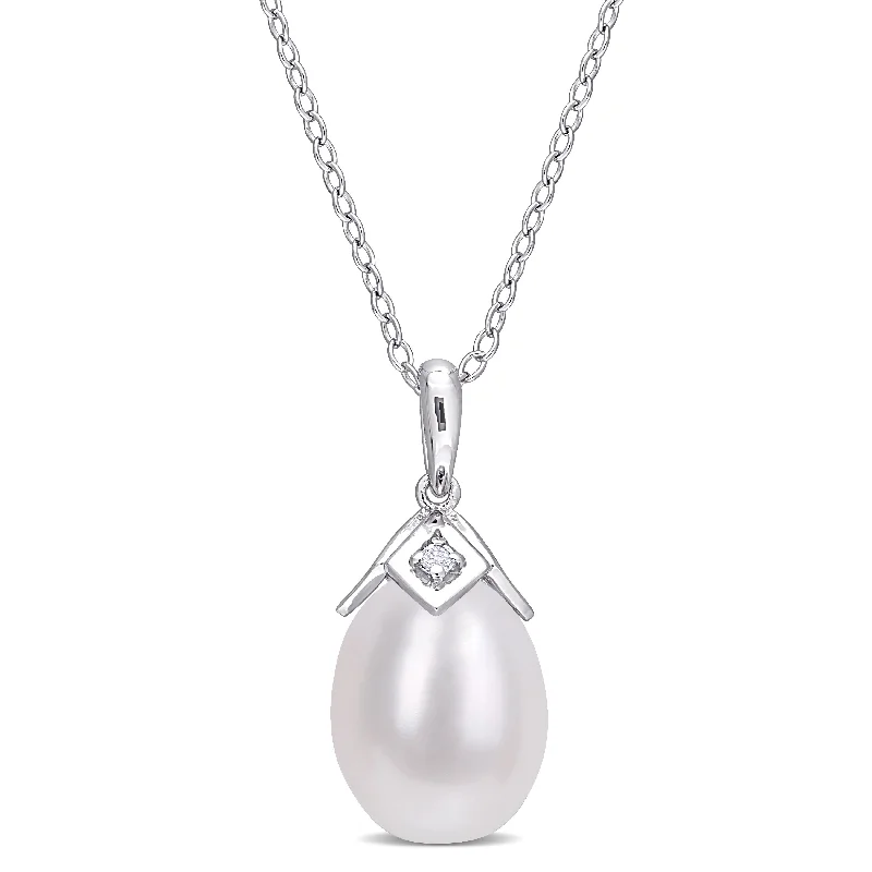 beautiful gold pendant necklaces -Miadora Sterling Silver Cultured Freshwater Pearl & Created White Sapphire Drop Necklace (8.5-9mm)