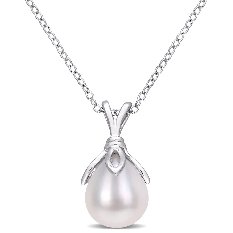 luxury necklaces with colorful gemstones -Miadora Sterling Silver Cultured Freshwater Pearl Solitaire Drop Necklace (8.5-9mm)