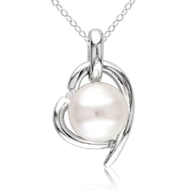 classic chain necklaces for men -Miadora Sterling Silver Pearl and Diamond Heart Necklace (8.5-9 mm)