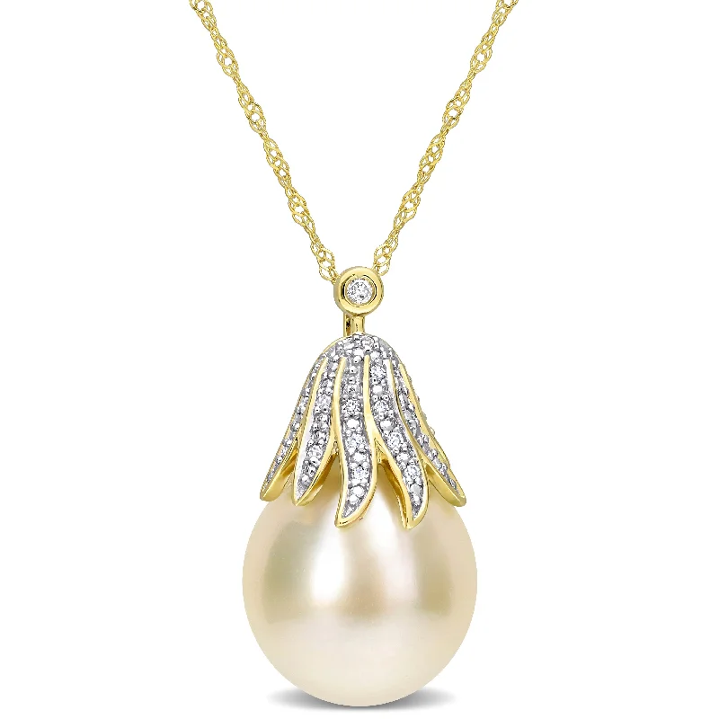 custom engraved silver necklaces -Miadora White South Sea Cultured Pearl and Diamond Accent Pendant in 14k Yellow Gold (10-11mm)