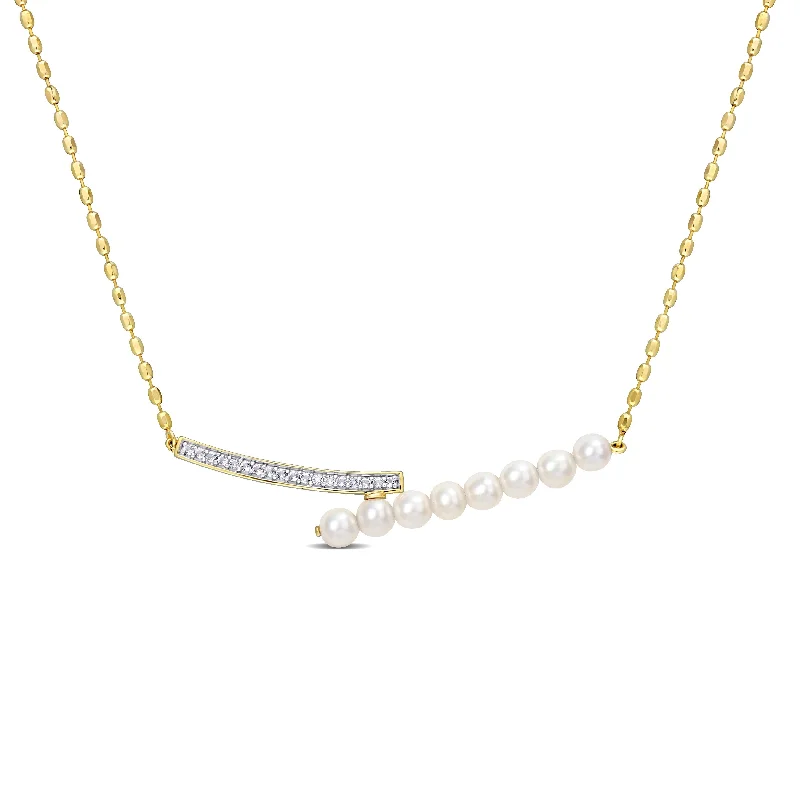 gold necklaces for holidays -Miadora White Topaz and 4-4.5mm White Freshwater Cultured Pearl Necklace with Chain Yellow Silver