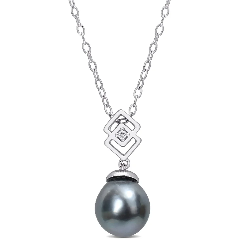 simple gemstone necklaces for women -Miadora White Topaz and 8-9mm Black Tahitian Cultured Pearl Fashion Pendant with Chain Silver