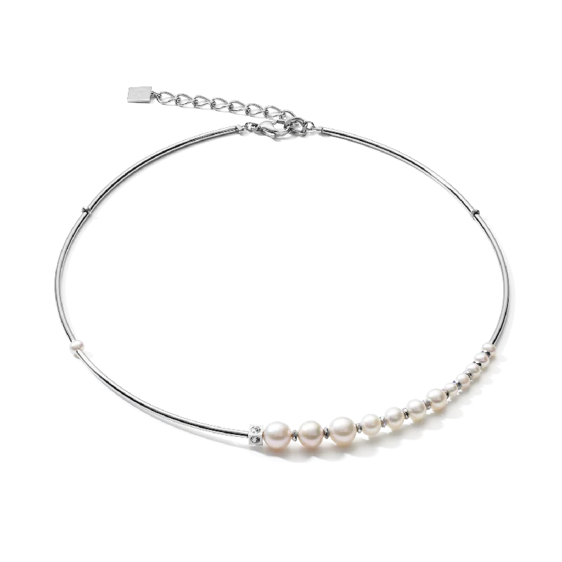 classic heart necklaces for women -Necklace Asymmetry freshwater pearls & stainless steel white-silver