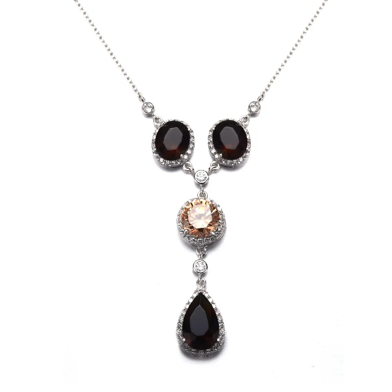 personalized necklaces with engraving -Sterling Silver Black and Copper Cubic Zirconia Y Necklace