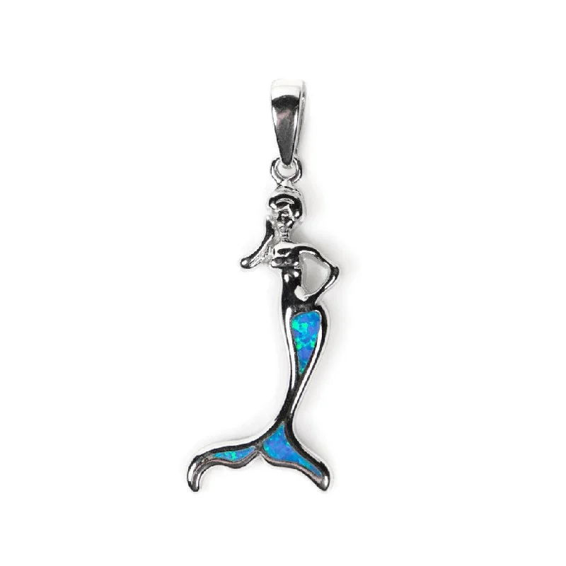 gold pendant necklaces for special occasions -Sterling Silver Blue Opal Inlay Mermaid Pendant