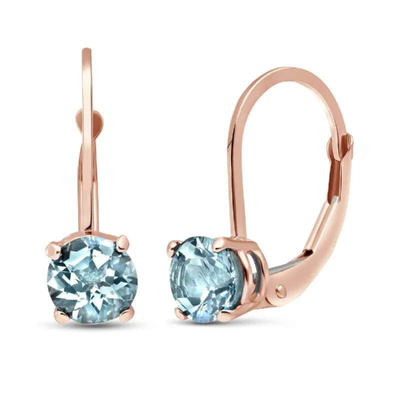 statement gold earrings for casual wear -1.2 Carat 14K Solid Rose Gold Solitaire Aquamarine Leverback Earrings