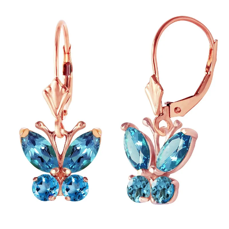 trendy silver earrings with birthstones -1.24 Carat 14K Solid Rose Gold Butterfly Earrings Blue Topaz