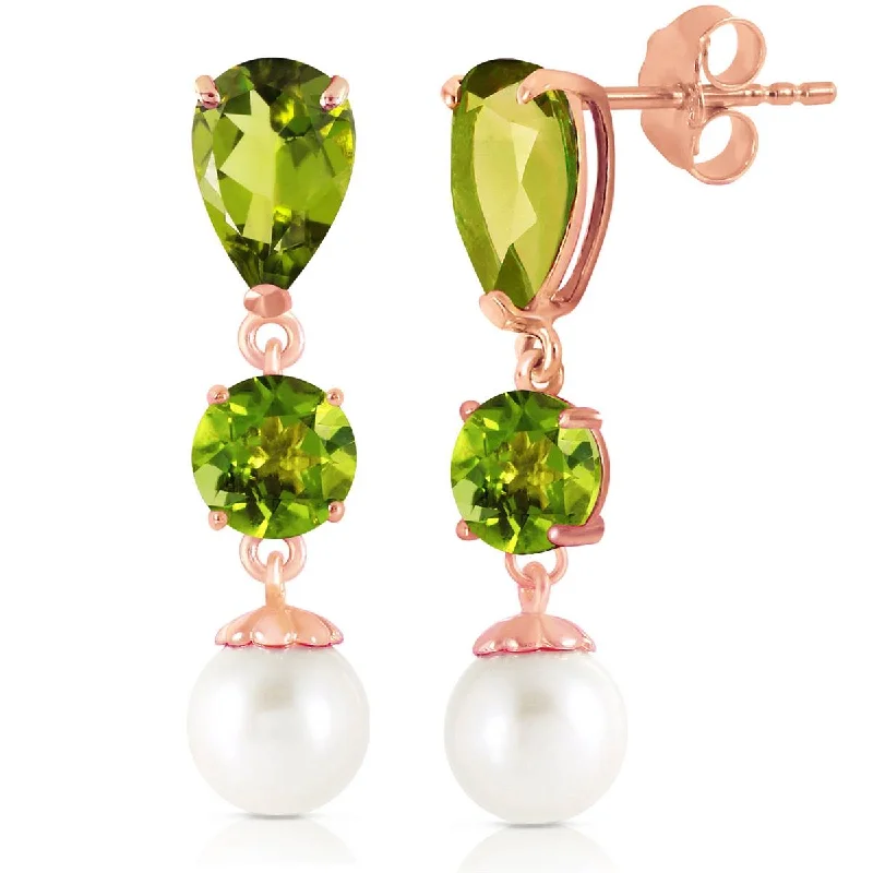 gold chandelier earrings for formal events -10.5 Carat 14K Solid Rose Gold Chandelier Earrings Peridot Pearl