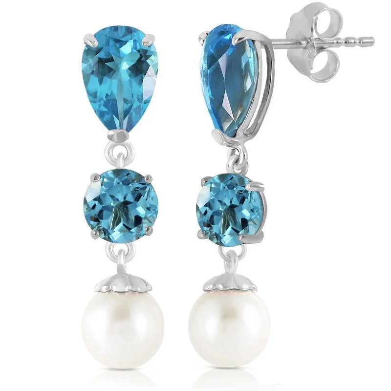 elegant pearl earrings with diamonds -10.5 Carat 14K Solid White Gold Burning Up Blue Topaz Pearl Earrings