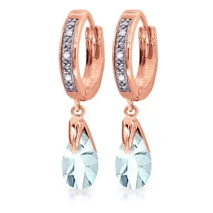 statement earrings with turquoise stones -2.53 Carat 14K Solid Rose Gold Hoop Earrings Diamond Aquamarine