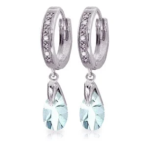 silver hoop earrings for wedding gifts -2.53 Carat 14K Solid White Gold Hoop Earrings Diamond Aquamarine