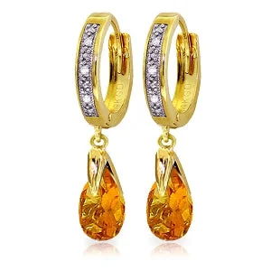 gold earrings with sapphires for formal wear -2.53 Carat 14K Solid Yellow Gold Hoop Earrings Diamond Citrine