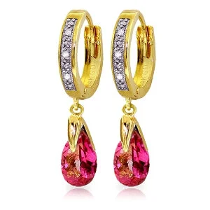 gold earrings for special occasions -2.53 Carat 14K Solid Yellow Gold Hoop Earrings Diamond Pink Topaz