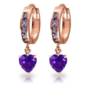 custom drop earrings with gemstones -4.1 Carat 14K Solid Rose Gold Hoop Amethyst Heartdrop Earrings