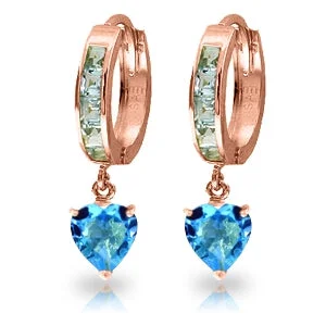 silver earrings for casual occasions -4.1 Carat 14K Solid Rose Gold Hoop Blue Topaz Heart Drop Earrings