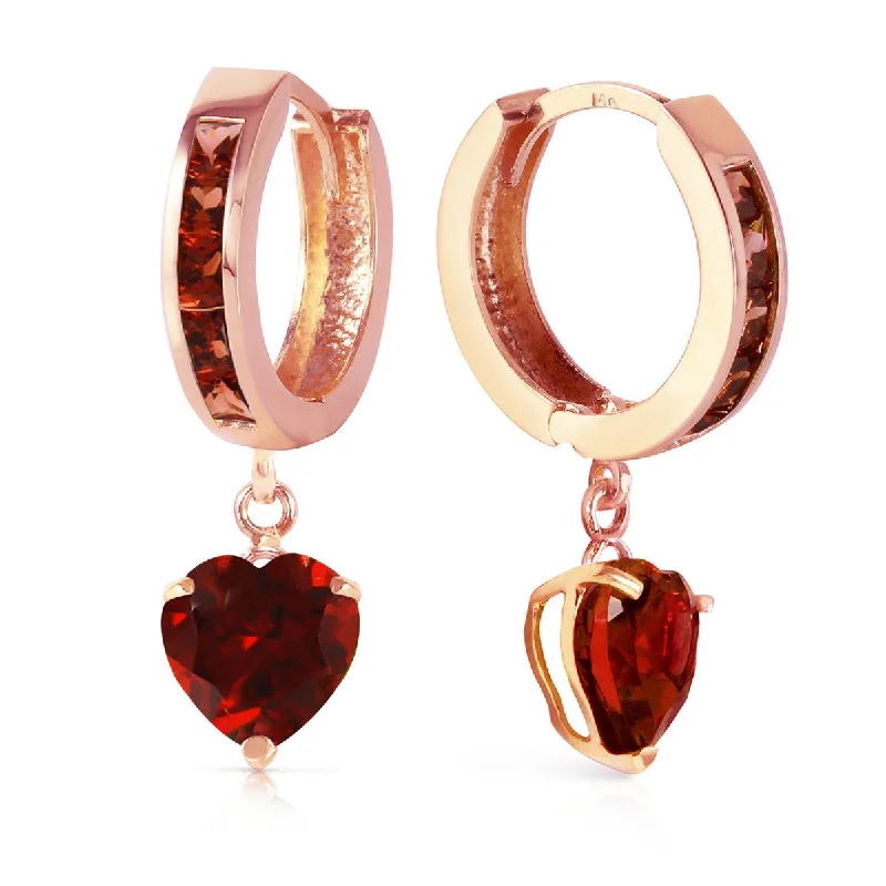 trendy earrings with emeralds for special events -4.1 Carat 14K Solid Rose Gold Hoop Garnet Heart Drop Earrings