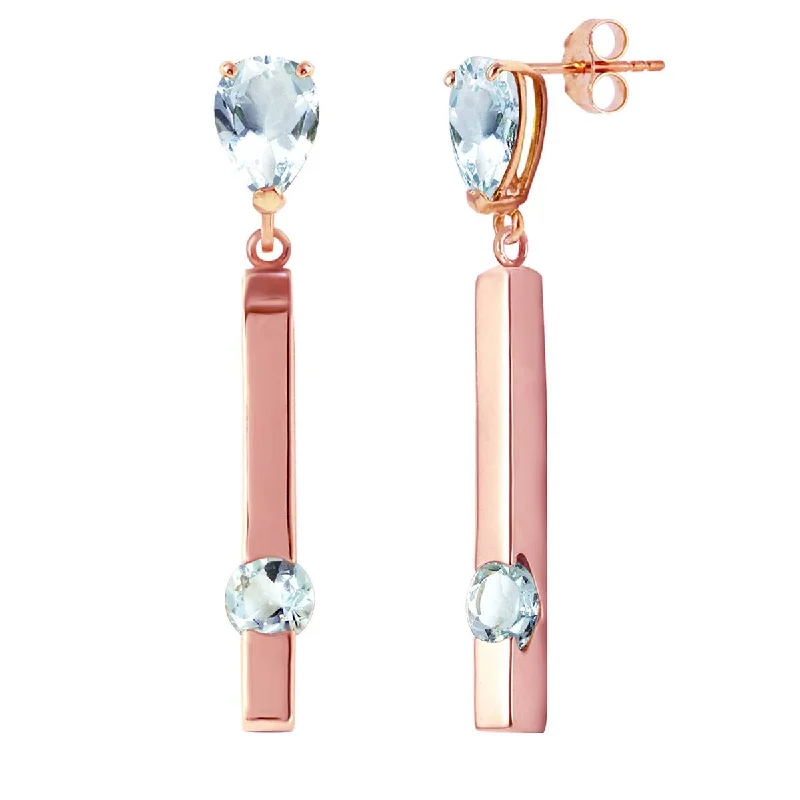 gold earrings with tourmaline stones for weddings -4.25 Carat 14K Solid Rose Gold Drop Bar Earrings Aquamarine