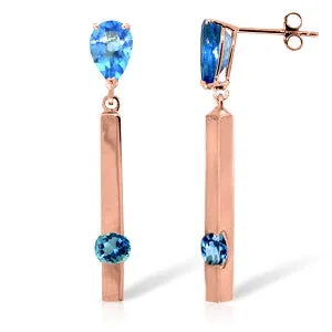 unique diamond earrings for weddings -4.25 Carat 14K Solid Rose Gold Drop Bar Earrings Blue Topaz