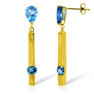 custom gold earrings with gemstones -4.25 Carat 14K Solid Yellow Gold Bar Blue Topaz Drop Earrings