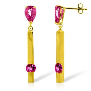 gold earrings with colorful gems for weddings -4.25 Carat 14K Solid Yellow Gold Bar Pink Topaz Drop Earrings