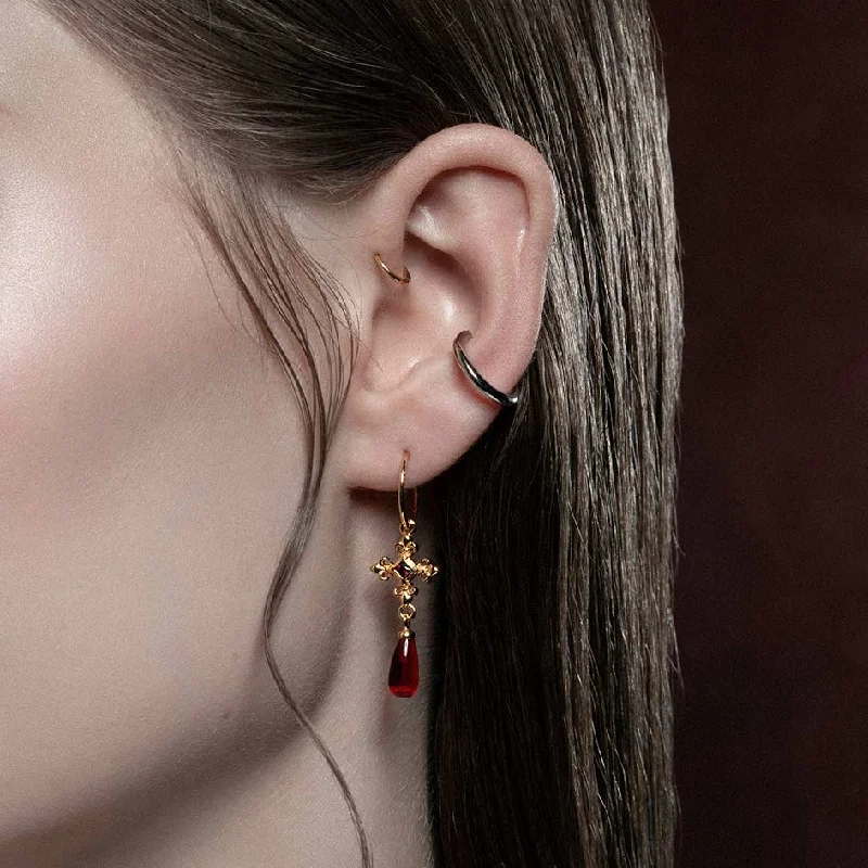 silver earrings for evening occasions -CRIMSON. Medieval Garnet Hoop Earrings - Gold