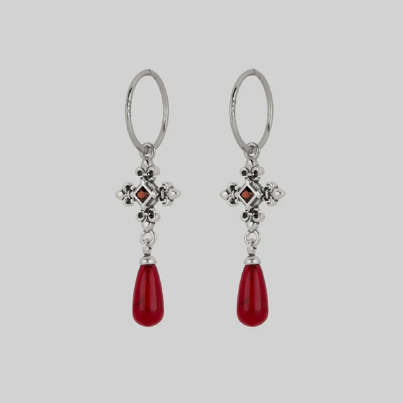 statement gold earrings with emeralds -CRIMSON. Medieval Garnet Hoop Earrings - Silver