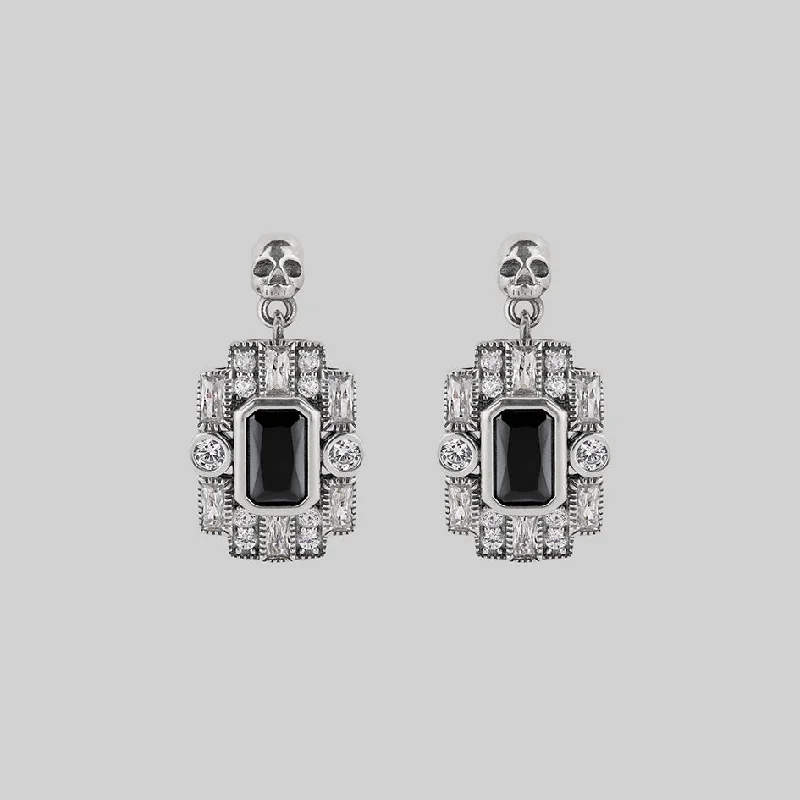 fashion earrings with emeralds for weddings -DECO. Skull & Black Spinel Statement Earrings - Silver