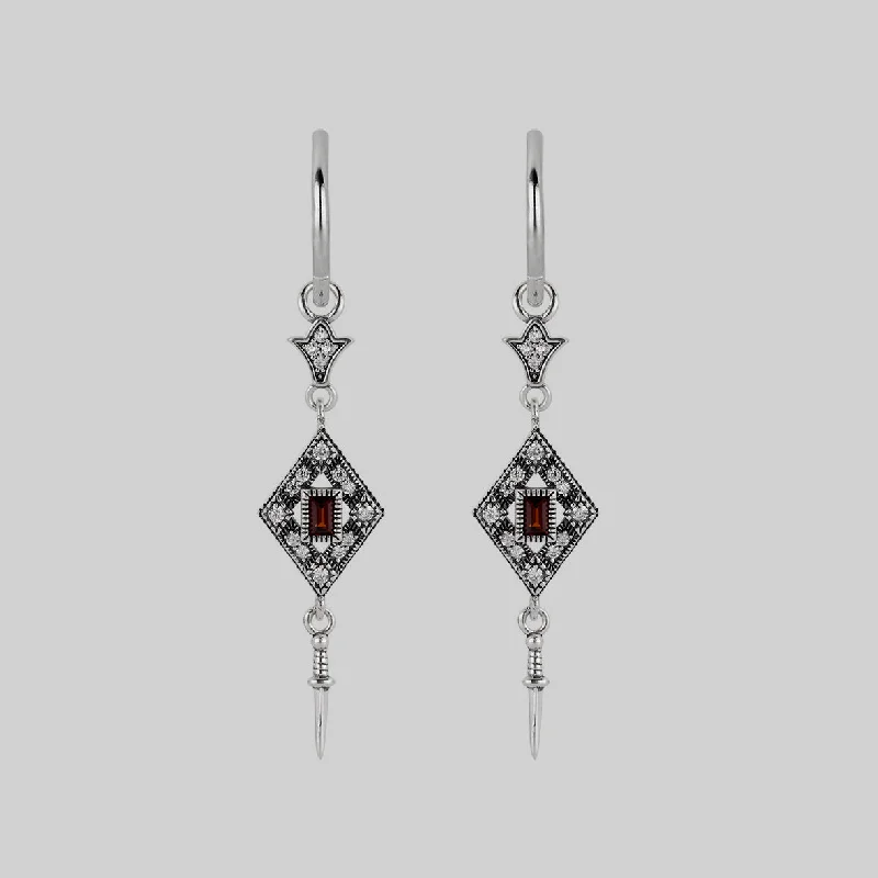 handmade drop earrings for formal occasions -FLAPPER. Gatsby Garnet & Sword Hoop Earrings - Silver