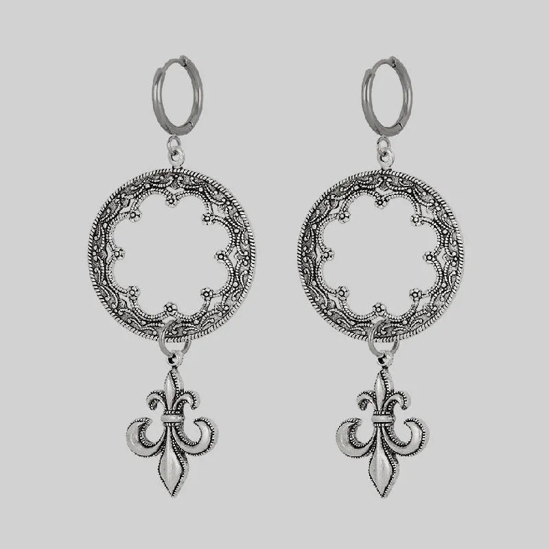 trendy earrings with diamonds for special events -VOW. Gothic Fleur de Lis Hoop Earrings - Silver