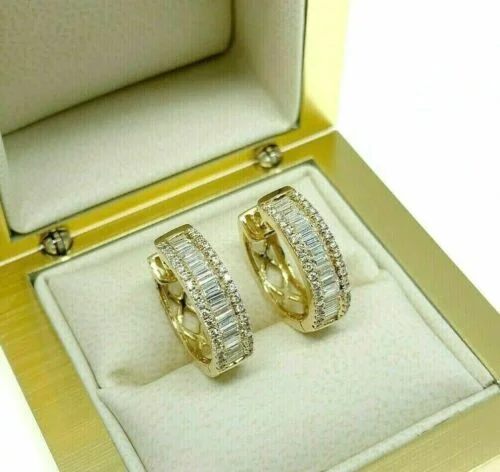 custom gemstone earrings for special occasions -0.80 Carats Baguette and Round Diamond Huggie Hoop Earrings 18K Yellow Gold